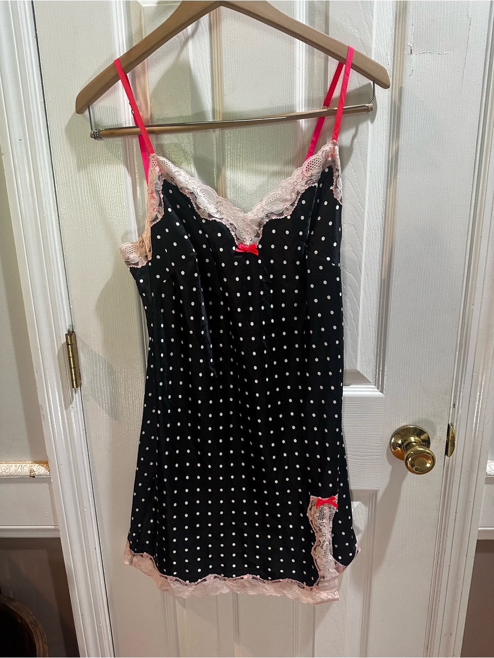 Victoria’s Secret Satin Lace Chemise Nightgown Black Polka Dots Pink Straps M